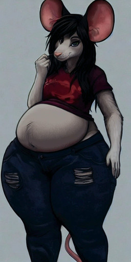 anthro bedroom_eyes belly big_belly big_ears black_hair bottomwear clothing denim denim_bottomwear denim_clothing female flat_chested fur green_eyes grey_body grey_fur hair hand_on_hip huge_thighs jeans looking_at_viewer midriff narrowed_eyes overweight overweight_anthro overweight_female pants rat_tail red_clothing red_shirt red_topwear seductive shirt simple_background slob smile smirk solo tail thick_thighs three-quarter_view topwear torn_bottomwear torn_clothing torn_jeans torn_pants wide_hips unknown_artist mammal mouse murid murine rodent 1:2 portrait source_request three-quarter_portrait