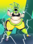 abstract_background accessory anthro belly big_belly big_breasts black_neckwear black_nose blue_eyes boots bottomwear bracelet breasts chest_tuft cleavage clothed clothing devil_horns_(gesture) ear_piercing electricity eyelashes fat_arms female footwear front_view gesture gloves green_body green_hair grinning_at_viewer hair hair_accessory hair_tie hand_gesture handwear huge_belly huge_thighs jewelry long_eyelashes midriff multicolored_body obese obese_anthro obese_female outline overweight overweight_anthro overweight_female piercing sharp_teeth shirt shoes shorts solo speaker spiked_bracelet spikes standing tan_body tank_top teeth thick_thighs topwear torn_clothing torn_topwear tuft two_tone_body white_clothing white_gloves white_handwear white_outline kyillakuween idw_publishing sega sonic_the_hedgehog_(comics) sonic_the_hedgehog_(idw) sonic_the_hedgehog_(series) surge_the_tenrec afrosoricid mammal tenrec 2025 3:4 colored digital_media_(artwork) hi_res