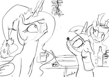 blush drunk feathered_wings feathers female feral group holidays horn substance_intoxication wings silfoe christmas friendship_is_magic hasbro my_little_pony mythology princess_celestia_(mlp) princess_luna_(mlp) twilight_sparkle_(mlp) equid equine mammal mythological_creature mythological_equine winged_unicorn 2015 monochrome