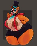 anthro big_breasts breasts crossgender female looking_at_viewer machine mtf_crossgender slightly_chubby slightly_chubby_female smile solo suspenders thick_thighs azulejo five_nights_at_freddy's five_nights_at_freddy's:_security_breach scottgames steel_wool_studios glamrock_freddy animatronic bear mammal robot 2023 digital_media_(artwork) hi_res