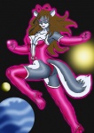 anthro aura breasts brown_hair cleavage clothed clothing cosplay female fur grey_body grey_fur hair pink_clothing power_ring skinsuit solo space star tail tight_clothing blackwind_zero dc_comics green_lantern_(series) lantern_corps star_sapphire canid canine fox mammal