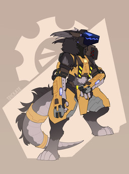 4_fingers 4_toes accessory ambiguous_gender black_body blue_eyes brown_background brown_body brown_claws brown_fur claws digitigrade explosives feet fingers fur furgonomics grey_body grey_fur jewelry long_ears machine multicolored_body multicolored_fur orange_body ranged_weapon ring rocket rocket_launcher screen screen_face simple_background smug solo tail tail_accessory tail_jewelry tail_ring tan_background toes tools visor weapon white_body white_fur wrench trickate protogen absurd_res full-length_portrait hi_res portrait watermark