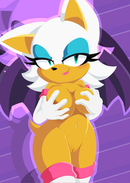 anthro areola armwear bat_wings big_breasts big_ears black_nose blue_eyeshadow blush breasts brown_areola clothing elbow_gloves eyelashes eyeshadow female front_view fur genitals gloves green_eyes handwear holding_breast lipstick makeup membrane_(anatomy) membranous_wings navel pink_lipstick purple_background purple_wings simple_background smile solo thick_thighs vulva white_body white_clothing white_fur white_gloves white_handwear wide_hips wings yellow_body yellow_fur flaresg_art sega sonic_the_hedgehog_(series) rouge_the_bat bat mammal hi_res