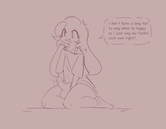 anthro balls bottomless clothed clothing dialogue erection femboy footwear fur genitals hair hands_in_lap humanoid_genitalia humanoid_penis humor long_ears male open_mouth partially_clothed penis shaking_penis shirt simple_background sitting socks solo speech_bubble text topwear minya lagomorph leporid mammal rabbit 2025 english_text hi_res sketch