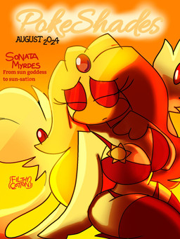 anthro big_breasts bikini bra breasts cleavage clothed clothing eyes_closed eyeshadow female fictional_magazine_cover gem leggings legwear makeup panties pseudo_hair red_eyeshadow solo sunset swimwear text thigh_highs two-piece_swimsuit underwear yellow_body unfortu-nate nintendo pokemon sonata_(unfortu-nate) generation_4_pokemon legendary_pokemon pokemon_(species) uxie 2024 cover digital_media_(artwork) english_text hi_res magazine_cover