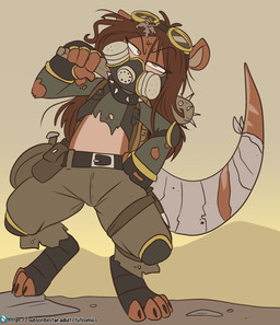 angry anthro brown_body brown_fur brown_hair clothed clothing club_(weapon) eyewear eyewear_on_head female fur gas_mask goggles goggles_on_head hair mask melee_weapon midriff solo weapon wearing_mask fuf fallout microsoft flu_(character) mammal mustelid otter 2022 hi_res