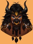 anthro black_hair blue_eyes brown_body brown_fur facial_hair facial_piercing feathers fur fur_markings hair horn male markings nose_piercing nose_ring orange_background piercing ring_piercing simple_background solo nekuromi blizzard_entertainment warcraft tam_autumnsnout bovid bovine mammal tauren hi_res