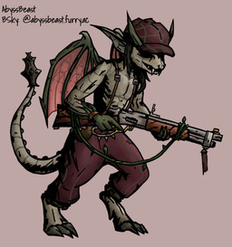 back_wings clothing digitigrade fangs gun hat headgear headwear horn lever_action_rifle male ranged_weapon rifle rifle_sling solo tail teeth weapon wings abysstheposs darkest_dungeon deadlock valve ivy_(deadlock) gargoyle humanoid