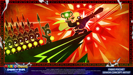 ambiguous_anthro ambiguous_gender anthro armor army award bent_arm black_body black_clothing black_fur black_helmet black_teeth black_toga blonde_hair body_hair cape chest_hair cliff clothing copyright_symbol curly_hair empty_eyes eyes_closed featureless_crotch fur group hair headgear headgear_only helmet helmet_only holding_award holding_melee_weapon holding_object holding_polearm holding_shield holding_spear holding_sword holding_trophy holding_weapon larger_anthro larger_male long_ears male male_anthro medium_hair melee_weapon mitten_hands muscular muscular_anthro muscular_male noseless open_mouth open_smile orange_sky outside pecs polearm pose red_line_art shield size_difference sky smaller_ambiguous smaller_anthro smile spear standing star sword symbol teeth text title toga trophy weapon white_eyelids year yellow_cape yellow_clothing yellow_line_art fabio_pochet mario_bros mario_plus_rabbids_sparks_of_hope nintendo raving_rabbids rayman_(series) ubisoft perfectus lagomorph mammal rabbid 16:9 2022 4k absurd_res colored colored_line_art crossover digital_drawing_(artwork) digital_media_(artwork) english_description english_text hi_res official_art widescreen