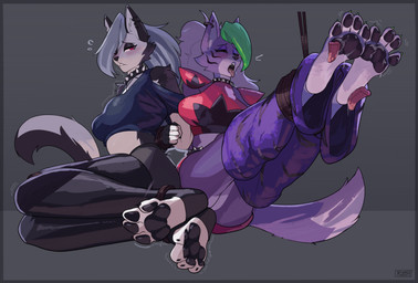 anthro bound collar disembodied_tongue duo feet female foot_fetish foot_lick foot_play licking open_mouth pawpads paws soles spiked_collar spikes toes tongue rz54 five_nights_at_freddy's five_nights_at_freddy's:_security_breach hellaverse helluva_boss mythology scottgames steel_wool_studios loona_(helluva_boss) roxanne_wolf canid canid_demon canine canis demon hellhound mammal mythological_canine mythological_creature wolf absurd_res hi_res