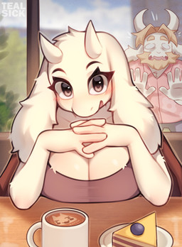 anthro anthro_focus beverage big_breasts blush breasts cleavage clothed clothed_anthro clothed_female clothed_male clothing coffee duo female female_anthro female_focus floppy_ears fur hair horn looking_at_viewer lop_ears male male_anthro solo_focus tealsick undertale_(series) asgore_dreemurr toriel bovid caprine goat mammal 2024 absurd_res digital_media_(artwork) hi_res