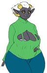 areola areola_slip big_breasts big_butt bottomwear breasts broken_horn butt clothing curvy_figure denim denim_bottomwear denim_clothing exposed_chest female freckled_breasts freckled_face freckles goat_tail green_clothing green_sweater green_topwear hair horizontal_pupils horn humanoid_pointy_ears jeans mature_female overweight overweight_female pants pearl_ear_ring pointy_ears pose pupils solo sweater thick_thighs topwear voluptuous white_hair wide_hips yellow_eyes quidhansed meredith_(quidhansed) bovid caprine caprine_demon demon demon_humanoid goat_demon humanoid mammal sheep hi_res