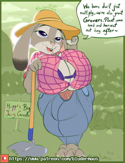anthro big_breasts big_bulge big_penis bra bra_peek breasts bulge button_(fastener) clothing crossgender dialogue farm fur genitals grey_body grey_fur growth gynomorph huge_breasts huge_bulge huge_penis humor hyper hyper_breasts hyper_genitalia hyper_penis intersex patreon_logo penis penis_poking_out pun shirt shortstack shortstack_gynomorph shortstack_intersex solo straining_buttons text thick_thighs tight_clothing tight_shirt tight_topwear topwear underwear vein veiny_penis wide_hips bludermaus disney patreon zootopia judy_hopps lagomorph leporid mammal rabbit 2021 digital_media_(artwork) english_text url