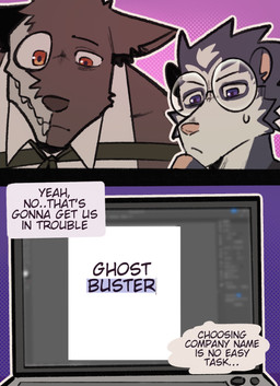 anthro black_text bone clothed clothing computer dialogue duo electronics eyewear glasses highlighted_text laptop male muscular muscular_anthro muscular_male orange_eyes purple_eyes round_glasses skull skull_head speech_bubble text king_slabu adrian_(king_slabu) nolan_(king_slabu) american_opossum canid canine canis domestic_dog mammal marsupial spirit virginia_opossum comic digital_media_(artwork) english_text hi_res