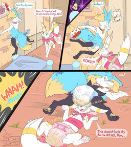 accidental_facesitting anthro bodily_fluids diaper duo facesitting feces feet female genital_fluids male pawpads paws peeing sitting sitting_on_another soiled_diaper soiling soles text toes unclean_diaper urine used_diaper using_diaper wet_diaper wetting wetting_diaper grimbly-dergpaws nintendo pokemon koru_(braixenchu) rosalie_(ottselchu) braixen eeveelution generation_2_pokemon generation_6_pokemon pokemon_(species) umbreon comic english_text hi_res