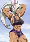 abs bra breasts clothing female gloves hair handwear muscular muscular_female ponytail quads red_eyes solo sports_bra tan_body tan_skin underwear white_hair loquillo66 my_hero_academia rumi_usagiyama animal_humanoid humanoid lagomorph lagomorph_humanoid leporid_humanoid mammal mammal_humanoid rabbit_humanoid 2022 absurd_res hi_res