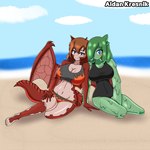 1:1 2021 aidan_kresnik animal_humanoid beach big_breasts blue_eyes blush breasts brown_hair cleavage clothed clothing dragon dragon_humanoid dragon_tail dragon_wings duo female forearms goo_creature goo_hair goo_humanoid green_body green_hair hair hair_over_eye hi_res humanoid looking_at_viewer midriff mouthless mythological_creature mythological_scalie mythology navel not_furry one-piece_swimsuit one_eye_obstructed oozing pseudo_hair sand scaled_forearms scales scalie seashore seaside signature sitting slime smile smiling_at_viewer swimwear tail