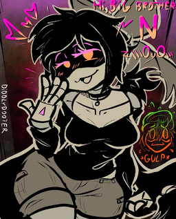 :3 bare_shoulders big_breasts black_clothing black_hair black_shirt black_topwear blush blush_lines bottomwear bow_ribbon breasts choker clothing cosplay crossover_cosplay duo female green_eyes grey_body gulp_(sound_effect) hair heart_symbol hearts_around_head hotpants implied_incest jewelry machine male metallic_body necklace offscreen_character orange_eyes orange_text owo pigtails pink_eyes pink_text scared segmented_body shirt shorts shoulderless_shirt simple_background smug smug_face smug_grin text thick_thighs topwear twintails_(hairstyle) white_body wide_hips yellow_eyes yellow_text diddlydooter1 glitch_productions murder_drones the_coffin_of_andy_and_leyley andrew_graves ashley_graves cyn_(murder_drones) n_(murder_drones) disassembly_drone humanoid robot robot_humanoid worker_drone artist_name crossover digital_drawing_(artwork) digital_media_(artwork) signature brother_(lore) brother_and_sister_(lore) sibling_(lore) sister_(lore)