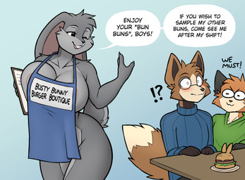anthro apron apron_only areola areola_slip arm_tuft big_breasts black_body black_ears black_eyes black_fur black_nose black_paws black_text blue_apron blue_background blue_clothing blue_sweater blue_topwear blush blush_lines blushing_profusely breast_squish breasts brown_body brown_fur brown_tail buckteeth burger cheek_tuft claws clothing curvy_figure dialogue dipstick_tail ears_down ears_up exclamation_point eyebrows eyewear facial_tuft fast_food female fluffy fluffy_tail food fur furniture glasses green_clothing green_hoodie green_topwear grey_body grey_fur group hair hoodie hourglass_figure huge_breasts legs_together long_tail looking_at_another looking_back male male/female markings menu menu_board mostly_nude mostly_nude_anthro mostly_nude_female multicolored_body multicolored_ears multicolored_fur nipples open_mouth orange_body orange_fur owo paws pink_areola pink_nipples pink_tongue pivoted_ears question_mark raised_eyebrows raised_hand raised_tail round_glasses shaking shivering short_hair short_tail shoulder_tuft simple_background sitting smile speech_bubble squish standing surprised sweater table tail tail_markings tail_tuft tan_body tan_fur teasing teeth text tongue topwear triangle_nose trio tuft wave wearing_glasses hexteknik canid canine fox lagomorph leporid mammal rabbit red_fox true_fox 2026 colored colored_sketch digital_media_(artwork) english_text hi_res shaded simple_shading sketch
