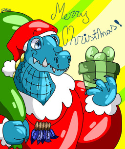4_fingers anthro bent_arm blue_body blue_claws blue_scales christmas_present claws closed_smile clothed clothed_male clothing costume exclamation_point eyebrow_through_hat facial_scar fingers gift happy hat headgear headwear holding_gift holding_object holding_sack holiday_message jewelry light male male_anthro membrane_(anatomy) mouth_closed multicolored_body multicolored_scales necklace pupils red_clothing red_hat red_headwear red_sweater red_topwear sack santa_costume scales scar scutes sharp_teeth simple_background slit_pupils smile solo sweater teeth thin_eyebrows topwear two_tone_body two_tone_scales webbed_hands yellow_scutes sashablueowl eternal_forwardness nathile_tiduna alligatorid azurlligator crocodilian reptile scalie 2025 absurd_res cel_shading colored digital_drawing_(artwork) digital_media_(artwork) english_description half-length_portrait hi_res lighting portrait shaded