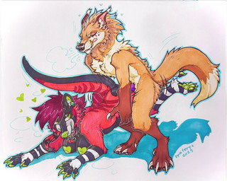 ambiguous_gender anthro bouncing_breasts breasts dangling_legs duo female fur green_flesh heart_nipples humping markings nipples penetration penile penile_penetration pink_body pink_fur raised_hips romantic romantic_couple slightly_chubby striped_markings stripes tan_body tan_fur dyloteryx canid canine dasyuromorph fox mammal marsupial recently_extinct_species thylacine werecanid werecanine werecreature werefox hi_res marker_(artwork) traditional_media_(artwork)