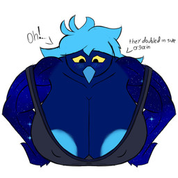 arm_feathers beak big_breasts blue_body blue_hair blush breast_expansion breasts clothed clothing dialogue embarrassed expansion female hair huge_breasts hyper hyper_breasts male muscular muscular_female nipple_outline partially_clothed simple_background solo text white_background yellow_eyes car_man undertale_(series) undertale_yellow martlet_(undertale_yellow) martlet_(zenith_form) avian bird 1:1 english_text hi_res