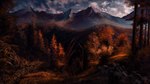 autumn cloud female feral forest grass landscape mountain nature plant sky solo sunset tree wings hilloty mythology dragon mythological_creature mythological_scalie scalie 16:9 hi_res widescreen