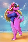 abs anthro beach big_breasts breasts clothing eggshell eyewear female flower glasses low-angle_view navel navel_outline nipple_outline nipples non-mammal_breasts non-mammal_navel non-mammal_nipples one-piece_swimsuit pink_body pink_scales plant scales solo swimwear thick_thighs wide_hips drxsmokey bonkers_(series) hudson_soft konami princess_za dinosaur prehistoric_species reptile scalie hi_res