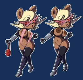 anthro armor blonde_hair breasts brown_body brown_fur brown_nipples clothing eyewear female fur gauntlets gloves greaves hair handwear kamina_shades nipples one-piece_swimsuit purse short_hair sling_bikini solo sunglasses swimwear unknown_artist vermin_fight_club amai_kuma bear mammal vermin_(species) alpha_channel hi_res