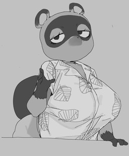 anthro big_breasts breasts clothed clothing crossgender female fur grey_background looking_at_viewer mtf_crossgender shirt simple_background solo topwear meckmeck00124 animal_crossing nintendo tom_nook_(animal_crossing) canid canine mammal raccoon_dog tanuki 2025 hi_res monochrome
