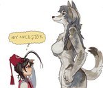 age_difference anthro black_hair braided_hair breasts casual_nudity clothed clothing crescent_moon duo female fur grey_body grey_fur grey_hair hair larger_anthro larger_female male moon neck_tuft nude older_anthro older_female paws size_difference smaller_human smaller_male standing text thought_bubble tuft turkic_clothing turkish white_body white_skin young younger_human mossa my_ancestor! mythology turkish_mythology canid canine canis human mammal wolf 2023 digital_drawing_(artwork) digital_media_(artwork) english_text hi_res meme turkish_text