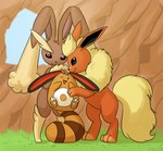 2016 absurd_res arth_the_flareon belly carniscorner colored cream_the_lopunny ears_down eeveelution embrace female feral flareon fluffy fluffy_tail fur generation_1_pokemon generation_2_pokemon generation_4_pokemon grass group hi_res looking_at_viewer lopunny male male/female nintendo one_eye_closed open_mouth open_smile pawpads paws pivoted_ears plant pokemon pokemon_(species) raised_paw rock sentret shaded shiny_pokemon smile socks_the_sentret spreading standing standing_on_tail tail trio wall_(structure) white_pawpads white_toes window wink