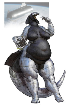 aircraft anthro belly big_belly big_breasts black_belly breasts eating featureless_breasts featureless_crotch female fin front_view holding_object long_tail machine metal metallic_body navel nude open_mouth overweight overweight_anthro overweight_female purple_eyes silver_body silver_skin simple_background solo spacecraft standing tail tail_fin text tongue vehicle white_background cettus spacex spacex_starship aeromorph living_aircraft living_machine living_spacecraft living_vehicle 2025 absurd_res english_text hi_res