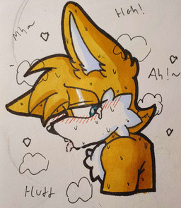 anthro bodily_fluids breath drooling eyelashes eyeshadow femboy half-closed_eyes heart_symbol long_eyelashes looking_down makeup male moan narrowed_eyes open_mouth panting saliva solo sweat sweatdrop tears tongue tongue_out justsomeidiotonline sega sonic_the_hedgehog_(series) miles_prower canid canine fox mammal red_fox true_fox absurd_res hi_res