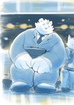 anthro blue_nose bottomwear briefcase clothing cute_fangs detailed_background duo eyes_closed fangs horn kemono male necktie pants shirt sitting slightly_chubby teeth topwear takataka anothereidos_of_dragon_vein_r patty_(anothereidos_r) canid canine mammal yeti 2023 hi_res