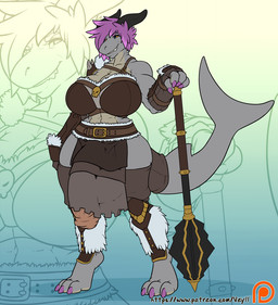 anthro armor balls_outline big_breasts big_penis biped breasts bulge claws clothed clothing detailed_bulge genital_outline genitals gynomorph gynomorph_anthro hair huge_penis hyper hyper_genitalia hyper_penis intersex intersex_anthro mace melee_weapon non-mammal_breasts patreon_logo penis penis_outline penis_poking_out short_hair solo text toe_claws weapon website_logo zoom_layer veyll patreon vishka aquatic demon fish shark 2018 digital_media_(artwork) url
