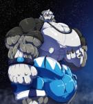 alternate_species anthro balls big_balls big_bulge big_muscles big_pecs big_penis bottomwear bracelet bulge clothing eyewear fur genitals glasses grey_body grey_fur grin huge_balls huge_bulge huge_muscles huge_pecs huge_penis hyper hyper_balls hyper_bulge hyper_genitalia hyper_muscles hyper_pecs hyper_penis jewelry looking_at_viewer looking_from_above male muscular muscular_anthro muscular_male nipples pants pecs penis shirt sky smile solo star starry_sky topwear bobert nintendo pokemon ganger generation_7_pokemon lycanroc pokemon_(species) 2019 hi_res