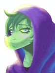 anthro biped blush clothed clothed_anthro clothed_female clothing eyebrows eyelashes female freckles front_view green_body green_hair green_scales grey_eyes hair happy hood_up hoodie looking_at_viewer purple_clothing purple_hoodie purple_topwear raised_inner_eyebrows scales short_hair simple_background smile snout solo topwear white_background yellow_sclera dark_rya cavemanon_studios i_wani_hug_that_gator olivia_halford baryonyx dinosaur prehistoric_species reptile scalie spinosaurid theropod 2024 3:4 artist_name bust_portrait colored hi_res portrait shaded