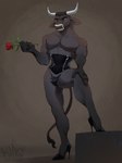 anthro clothed clothing corset crossdressing flower footwear high_heels latex lingerie male muscular muscular_male plant pose rose_(flower) shoes solo thong topless topwear underwear kingdragyn bovid bovine cattle mammal 3:4 absurd_res hi_res pinup