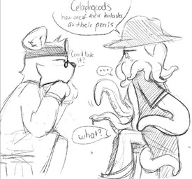 anthro bear_ears cheek_tuft clothing coat dialogue duo eyewear facial_tuft glasses hat head_tuft headgear headwear imminent_sex male male/male medical_instrument penis_tentacles scientific_instrument speech_bubble tentacles text top_hat topwear tuft apple_mortar_(artist) toons_universe patcher_(toons_universe) squiddle_(toons_universe) aquatic bear cephalopod coleoid decapodiform mammal mollusk squid english_text monochrome