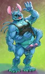 2_penises 4_arms 4_fingers 4_toes antennae_(anatomy) anthro anthrofied arm_tuft armpit_hair balls barefoot biceps biped black_eyes blue_balls blue_body blue_claws blue_fur blue_nipples blue_nose blue_pawpads bodily_fluids body_hair bottomless claws clothed clothing diphallism elbow_tuft erection feet fingers foreskin fur genitals gesture glans head_tuft horizontal_diphallism humanoid_genitalia humanoid_penis looking_at_viewer male multi_arm multi_genitalia multi_limb multi_penis musclegut muscular muscular_anthro muscular_male navel nipples notched_ear partially_retracted_foreskin pawpads penis pink_glans pubes purple_penis saliva shirt solo tank_top toe_claws toes tongue tongue_out topwear tuft vein veiny_penis waving rho_art disney lilo_and_stitch stitch_(lilo_and_stitch) alien experiment_(lilo_and_stitch) 2021 absurd_res hi_res