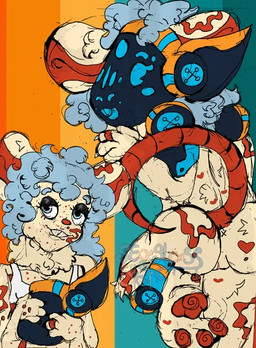 anthro female fluffy machine markings multicolored_body partially_clothed_anthro size_difference smaller_female solo spots spotted_body swirl seaglassafterdark juniper_(seaglass) mammal mouse murid murine protogen rodent
