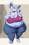 absurd_res anthro belly beverage big_belly big_breasts blue_body bottomwear breasts buckteeth cleavage clothed clothing ear_piercing electronics female freckles generation_1_pokemon hand_on_breast hi_res huge_breasts hyper hyper_breasts looking_at_object looking_at_phone navel needles_(kaeebun) nidoran nidoran♀ nintendo obese obese_anthro obese_female overweight overweight_anthro overweight_female pants phone piercing pokemon pokemon_(species) red_eyes smile solo teeth topwear veryfilthything walking