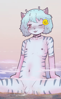 antennae_(anatomy) anthro blue_body blue_skin blue_stripes blush bodily_fluids choker city cloud cum genital_fluids genitals giga jewelry landscape_dwarfing macro male navel necklace nipples one_eye_closed penis purple_eyes rainbow sky solo stripes tongue tongue_out teruni-inamor wassa_panotto_inamor alien virelli hi_res