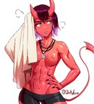 abs areola athletic athletic_female athletic_humanoid bodily_fluids bottomwear breasts casual_exposure clothed clothing collarbone female hair hair_between_eyes hand_on_hip horn jewelry medium_breasts muscular muscular_female muscular_humanoid nails navel necklace nipples not_furry occult_symbol pentacle pentacle_necklace pupils purple_hair red_body red_eyes red_skin sharp_nails short_hair shorts simple_background slit_pupils solo spade_tail standing sweat symbol tail tomboy topless topless_female towel white_background yellow_eyes dirtyero asura_(dirtyero) demon demon_humanoid horned_humanoid humanoid tailed_humanoid artist_name portrait three-quarter_portrait