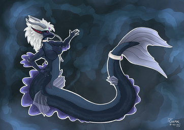 breasts choker female fin grand_cathay hair horn jewelry long_ears medium_breasts necklace purple_eyes simple_background solo split_form whiskers white_hair wide_hips gamal mermay mythology warhammer_(franchise) warhammer_fantasy miao_ying aquatic cathay dragon eastern_dragon hybrid merfolk mythological_creature mythological_scalie scalie taur hi_res