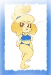 4_toes anthro barefoot belly big_eyes bikini blonde_hair blue_bikini blue_border blue_clothing blue_swimwear border breasts calf_tuft cheek_tuft clothing cute_fangs eyelashes facial_tuft feet female fluffy fur hair hand_behind_back hindpaw hip_tuft leg_tuft looking_at_viewer midriff navel paws ruffled_bikini simple_background smile smiling_at_viewer snaggle_tooth solo swimwear thick_eyelashes toes tuft two-piece_swimsuit whiskers white_background yellow_body yellow_fur scottyartz animal_crossing nintendo isabelle_(animal_crossing) canid canine canis domestic_dog mammal shih_tzu toy_dog 2023 hi_res signature