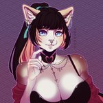 1:1 2023 5_fingers absurd_res accessory anthro artist_name big_breasts blue_eyes bra breasts choker clawed_fingers claws clothed clothing collar collarbone colored cute_expression dark_hair digital_drawing_(artwork) digital_media_(artwork) digital_painting_(artwork) domestic_cat ear_piercing felid feline felis female fingers fluffy_ears fur ginger hair hair_accessory hi_res inner_ear_fluff jewelry lingerie mammal necklace orange_hair piercing ponytail portrait shaded signature simple_background simple_coloring simple_shading sketch sketchy smile solo tan_body tan_fur text topwear tuft tufted_ears underwear url watermark white_body wushruw