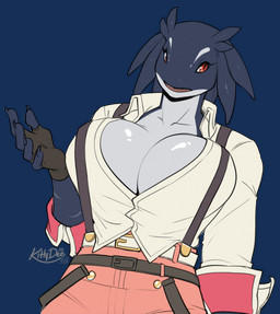 anthro biped bottomwear breasts claws clothed clothed_anthro clothed_female clothing female fingers front_view fully_clothed fully_clothed_anthro fully_clothed_female gloves handwear pants shirt solo standing teeth topwear kittydee unknown_species 2026 digital_drawing_(artwork) digital_media_(artwork) hi_res