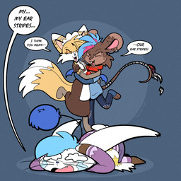 antennae_(anatomy) anthro bat_wings bell bell_collar black_nose blue_hair blue_wings boots brown_body brown_fur buckteeth clothing collar dialogue footwear fur hair markings membrane_(anatomy) membranous_wings mouse_tail pom_antennae red_collar red_nose scarf shoes speech_bubble striped_markings stripes tail tail_wraps teeth tongue whisker_markings whiskers white_body white_fur wings wraps yellow_body yellow_fur trevor-fox erakir_(character) khloe_prower trevor-fox_(character) canid canine fox ivalician_moogle mammal mouse murid murine rodent 1:1 comic hi_res nonbinary_(lore)